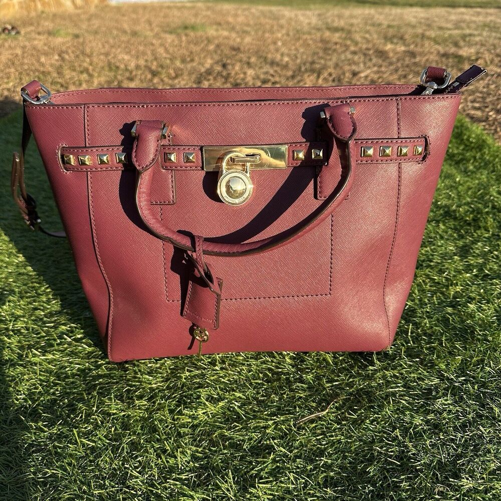 Michael Kors Hamilton Purse Traveler Studded Burgundy Maroon‎ Crossbody Bag